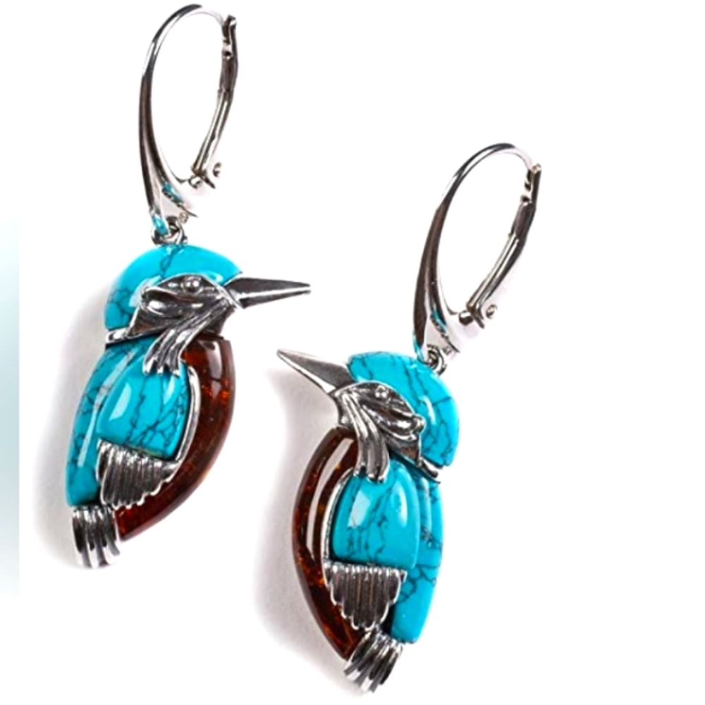 kingfisher bird drop earrings in silver, turquoise, and amber